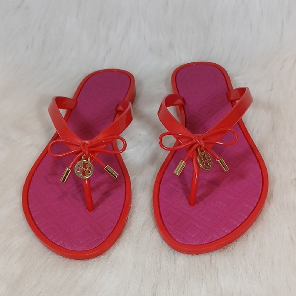 Tory Burch Red/ Pink Jelly Bow Sandals with Gold Accents Sz 8 - Picture 1 of 9